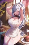  1girl absurdres apron armpits arms_up bangs blue_eyes blush breasts cake chocolate chocolate_cake cleavage commentary english_commentary food genshin_impact grey_hair hair_tie_in_mouth highres knife large_breasts long_hair looking_at_viewer maid_headdress mitsu_(mitsu_art) mouth_hold naked_apron no_panties ponytail shenhe_(genshin_impact) sitting smile thighhighs thighs white_headwear white_thighhighs 