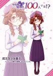  1girl ahoge beret book braid brown_hair full_body glasses hat highres keyaki_chimaki loaf_of_bread long_hair pantyhose purple_pantyhose purple_skirt purple_sweater shoes skirt sweater touhou translation_request twin_braids usami_sumireko 