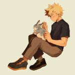 1boy animal animal_on_lap bakugou_katsuki black_footwear black_shirt blonde_hair boku_no_hero_academia brown_pants closed_mouth commentary english_commentary fenkko full_body highres looking_at_animal male_focus on_lap pants rabbit red_eyes shirt shoes short_hair short_sleeves simple_background sitting sneakers solo spiked_hair t-shirt white_background 
