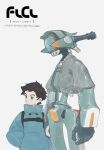  1boy absurdres arms_at_sides black_hair blue_eyes blue_sweater canti closed_mouth clothed_robot copyright_name english_text flcl grey_jacket hands_in_pockets highres humanoid_robot jacket looking_away nandaba_naota robot short_hair standing sweater torio02446440 white_background 