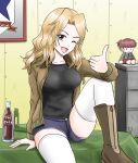  1girl ;d alisa_(girls_und_panzer) black_footwear black_shirt blonde_hair blue_eyes blue_shorts character_doll chest_of_drawers coca-cola commentary emblem girls_und_panzer hair_intakes harukai-i highres jacket kay_(girls_und_panzer) knee_up looking_at_viewer medium_hair on_table one_eye_closed open_clothes open_jacket open_mouth saunders_(emblem) saunders_military_uniform shirt short_shorts shorts sitting smile soda_bottle solo table thighhighs thumbs_up white_thighhighs zipper 