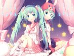  2girls animal_hood aqua_eyes aqua_hair bed blush collared_shirt commentary_request dress dual_persona food frilled_dress frilled_skirt frilled_sleeves frills gloves hatsune_miku heart hood hoodie long_hair long_sleeves looking_at_viewer lots_of_laugh_(vocaloid) multiple_girls natsume3304 open_mouth pancake rabbit_hood red_gloves red_ribbon ribbon shirt short_sleeves skirt twintails very_long_hair vocaloid 
