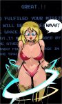  1girl 33dot arm_cannon blonde_hair blue_eyes bra breasts cleavage dissolving_clothes english_text highres metroid metroid_(classic) panties red_bra red_panties samus_aran short_hair solo speech_bubble sweat thong underwear weapon 