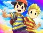  2boys :d artist_name backpack bag baseball_cap black_hair blonde_hair blue_eyes blue_shirt blue_sky brown_bag closed_mouth cloud commentary_request day hand_up hat looking_at_viewer lucas_(mother_3) male_focus mother_(game) mother_2 mother_3 multicolored_clothes multiple_boys mxx_gm ness_(mother_2) open_mouth purple_eyes quiff red_headwear red_shirt shirt short_hair short_sleeves sideways_hat sky smile standing striped striped_shirt t-shirt teeth twitter_username two-tone_shirt upper_teeth_only v yellow_shirt 