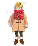 1boy artist_name blonde_hair blue_eyes blush boots brown_coat brown_footwear coat commentary_request covered_mouth duffel_coat earmuffs full_body fur-trimmed_boots fur_trim green_pants long_sleeves looking_at_viewer lucas_(mother_3) male_focus mother_(game) mother_3 mxx_gm pants quiff red_scarf scarf scarf_over_mouth short_hair signature simple_background sleeves_past_wrists solo standing twitter_username white_background 