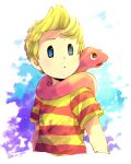  1boy :o artist_name blonde_hair blue_eyes brown_eyes commentary_request cropped_torso light_rays lucas_(mother_3) male_focus mother_(game) mother_3 multicolored_clothes mxx_gm open_mouth parted_lips quiff red_shirt shirt short_hair short_sleeves snake solo striped striped_shirt t-shirt twitter_username two-tone_shirt upper_body white_background yellow_shirt 
