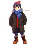  1boy artist_name beanie black_coat black_hair blue_pants blue_scarf blush boots brown_footwear closed_mouth coat commentary_request full_body fur-trimmed_hood fur_trim hands_in_pockets hat hood hood_down hooded_coat long_sleeves looking_at_viewer male_focus mother_(game) mother_2 mxx_gm ness_(mother_2) open_clothes open_coat pants purple_eyes red_headwear red_shirt scarf shirt short_hair simple_background smile solo standing twitter_username white_background winter_clothes winter_coat 