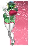  absurd_res anthro asian_mythology big_breasts blue_eyes breasts camel_toe clothing east_asian_mythology female gesture gloves green_body green_hair hair handwear hi_res humanoid japanese_mythology kappa legwear long_hair macarroni mythology nipple_outline one_eye_closed smile solo stockings tail v_sign white_clothing white_gloves white_handwear white_legwear white_stockings wide_hips wink yokai 