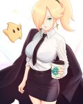  1girl absurdres black_jacket black_necktie black_skirt blonde_hair blue_eyes coffee earrings hair_over_one_eye highres jacket jewelry looking_at_viewer luma_(mario) mario_(series) necktie rosalina shirt simple_background skirt starbucks truejekart white_shirt 