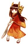  1girl demon_horns hinomoto_oniko holding holding_weapon horns japanese_clothes kimono leaf_print long_hair mask mask_on_head oni_horns open_mouth original personification red_eyes red_kimono sandals shio_(orange_lounge) simple_background socks solo weapon white_background white_socks 