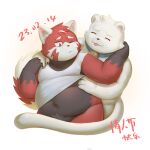  2023 absurd_res ailurid anthro belly black_body cai1448331577 clothing domestic_cat duo embrace eyes_closed felid feline felis hi_res hug hugging_from_behind humanoid_hands kemono male mammal navel overweight overweight_male red_body red_panda shirt tongue tongue_out topwear white_body 