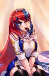  1girl adapted_costume alear_(female)_(fire_emblem) alear_(fire_emblem) bangs blue_eyes blue_hair braid breasts crossed_bangs crown_braid fire_emblem fire_emblem_engage hakuramen heterochromia highres large_breasts long_hair looking_at_viewer multicolored_hair official_alternate_costume red_eyes red_hair revision romper smile solo split-color_hair thick_thighs thighs tiara two-tone_hair very_long_hair 
