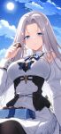  1girl artist_request azur_lane bird blue_eyes chinese_commentary chocolate cloud cloudy_sky cross cross_earrings day earrings food happy_valentine highres holding holding_chocolate holding_food jewelry long_hair looking_at_viewer official_art pantyhose sky white_hair yorktown_(azur_lane) yorktown_ii_(azur_lane) 