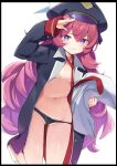  1girl black_headwear black_jacket blue_archive breasts caburi commentary_request hair_between_eyes halo hat highres holding holding_pillow iroha_(blue_archive) jacket long_hair long_sleeves looking_at_viewer necktie open_clothes open_jacket pillow purple_eyes red_hair red_necktie salute small_breasts solo thighs 