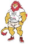  2023 absurd_res anthro barazoku biceps big_muscles bottomwear bulge clothed clothing darknaigart english_text eyebrows felid footwear frown fur hi_res huge_muscles lion male mammal mane mature_anthro mature_male meme meme_clothing muscular muscular_anthro muscular_male narrowed_eyes pantherine pecs profanity shirt shoes shorts simple_background socks solo standing t-shirt text text_on_clothing text_on_shirt text_on_topwear thick_thighs tight_clothing topwear tuft whiskers white_background wristband 