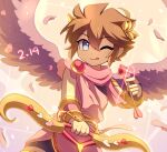 1boy ;) angel angel_wings arrow_(projectile) bangs bike_shorts bow bow_(weapon) brown_hair dated english_commentary enni glint hair_between_eyes heart heart_arrow highres holding holding_arrow holding_bow_(weapon) holding_weapon kid_icarus kid_icarus_uprising licking_lips one_eye_closed pit_(kid_icarus) smile solo tongue tongue_out valentine weapon wings 