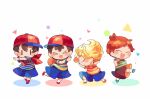  &gt;_&lt; 4boys :d ^_^ arms_up backpack bag bandana baseball_cap black_hair blonde_hair blue_footwear blue_shirt blue_shorts blush brothers brown_hair brown_shorts circle claus_(mother_3) closed_eyes commentary_request dancing full_body halftone hands_up hat hitofutarai leg_up looking_at_viewer lucas_(mother_3) mother_(game) mother_1 mother_2 mother_3 multicolored_clothes multiple_boys ness_(mother_2) ninten open_mouth orange_footwear profile quiff red_bandana red_footwear red_headwear red_shirt red_socks shirt shoes short_hair short_sleeves shorts siblings sideways_hat simple_background smile socks solid_oval_eyes standing standing_on_one_leg striped striped_shirt t-shirt triangle two-tone_shirt white_background white_socks yellow_shirt 