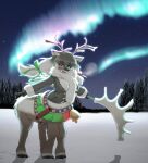  2019 alternate_species anthro antlers aurora_(phenomenon) bell between_breasts bottomwear breasts breath brown_body brown_fur brown_hair capreoline capreoline_taur cleavage clothed clothing deer deer_taur female fluffy_breasts fur furrification green_eyes hair heterochromia hi_res holding_object holding_staff horn jacket kemono kemono_friends looking_at_viewer mammal mammal_taur melee_weapon mo23 night open_mouth open_smile outside red_eyes reeds reindeer reindeer_(kemono_friends) reindeer_taur scarf skirt smile snow solo staff taur topwear weapon white_hair 