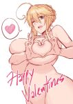  1girl absurdres ahoge artoria_pendragon_(fate) artoria_pendragon_(lancer)_(fate) bangs blonde_hair blush breasts commentary english_commentary happy_valentine heart heart_hands highres large_breasts long_hair looking_at_viewer nekosama_shugyouchuu nipple_slip nipples nude open_mouth signature simple_background smile solo white_background 