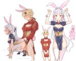  1boy 1girl alternate_costume animal_ears bangs blonde_hair blue_dress blush breasts bunny_pose censored china_dress chinese_clothes cleavage cleavage_cutout clothing_cutout crossdressing dress fake_animal_ears fake_horns genshin_impact hair_ribbon headband horned_headwear horns kamisato_ayaka long_hair medium_breasts multiple_views nose_blush open_mouth pelvic_curtain penis pink_ribbon rabbit rabbit_ears rabbit_tail red_dress ribbon sbs sex sex_from_behind simple_background squatting tail thighhighs thoma_(genshin_impact) tress_ribbon white_background wrist_cuffs 