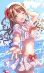  1girl absurdres arm_behind_head bikini brown_eyes brown_hair citrusmikan cloud cloudy_sky highres idolmaster idolmaster_cinderella_girls long_hair one_eye_closed open_mouth red_ribbon ribbon shimamura_uzuki shirt skirt sky swimsuit wet wet_clothes wet_shirt white_skirt 