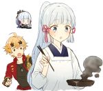  1boy 1girl apron bangs blonde_hair blue_eyes blue_hair blunt_bangs blush chopsticks cooking dog_tags fake_horns genshin_impact genshin_impact_sticker_redraw_(meme) green_eyes hair_ribbon headband holding holding_chopsticks horned_headwear horns japanese_clothes kamisato_ayaka kappougi light_blue_hair long_hair meme mole mole_under_eye open_mouth pink_ribbon ponytail ribbon sbs simple_background smoke sweat thoma_(genshin_impact) very_long_hair white_background 