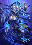  1girl blue_eyes blue_hair blue_horns bodysuit breasts claw_(weapon) cleavage highres horns keselum_(neganeura) light_trail long_hair looking_at_viewer mask motion_blur original purple_background solo weapon 
