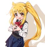  1girl ahoge bangs black_sweater_vest blonde_hair blue_skirt blush bocchi_the_rock! bow bowtie ijichi_nijika komipe512 long_hair long_sleeves looking_at_viewer open_mouth orange_eyes pleated_skirt red_bow red_bowtie school_uniform shadow shimokitazawa_high_school_uniform shirt side_ponytail simple_background skirt solo steepled_fingers sweater_vest twitter_username very_long_hair white_background white_shirt 