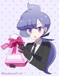  1girl anabel_(pokemon) black_gloves collared_shirt earpiece gift gloves hair_ribbon hanasaki_(1470267) hanasaki_ixi highres looking_at_viewer necktie open_mouth pokemon pokemon_(game) pokemon_sm polka_dot polka_dot_background ponytail purple_background purple_eyes purple_hair ribbon shirt solo upper_body 