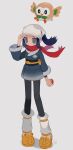  1girl :o absurdres adjusting_clothes adjusting_headwear akari_(pokemon) arm_at_side arm_warmers bird black_pantyhose black_sash blue_hair blue_jacket blue_pupils blue_skirt dark_blue_hair eyelashes floating_hair floating_scarf full_body galaxy_expedition_team_survey_corps_uniform gradient_clothes gradient_skirt grey_eyes grey_skirt hand_up head_scarf highres holding holding_poke_ball jacket legs_apart long_hair loose_socks miniskirt open_mouth owl pantyhose poke_ball poke_ball_(legends) pokemon pokemon_(creature) pokemon_(game) pokemon_legends:_arceus ponytail pouch red_scarf rowlet sash scarf shadow sidelocks simple_background skirt socks socks_over_pantyhose solo standing two-tone_skirt white_background white_headwear white_socks yellow_footwear yxyx_ika 