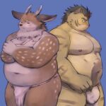  2023 anthro asian_clothing belly big_belly blush bulge clothing deer duo east_asian_clothing felid fundoshi hitachi_(tamacolle) japanese_clothing kazusa kemono male mammal overweight overweight_male pantherine tamacolle tiger underwear white_clothing white_fundoshi white_underwear yusan_137 