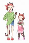  2girls :d ^_^ animal_ears appleq apron bare_legs black_pants blue_shorts box brown_hair character_request check_character chocolate chocolate_on_clothes chocolate_on_face closed_eyes collarbone commentary_request dual_persona food food_on_face full_body gift gift_box green_shirt hand_on_hip head_scarf highres holding holding_gift holding_whisk horse_ears horse_girl horse_tail laughing light_blush long_sleeves multiple_girls no_shoes no_socks open_mouth pants pink_apron sakura_bakushin_o_(umamusume) shirt shirt_partially_tucked_in short_hair shorts simple_background slippers smile socks tail umamusume v-shaped_eyebrows valentine whisk white_background 