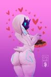  &lt;3 2023 anthro big_butt blue_yes box_of_chocolates butt candy chocolate crowdi dessert ear_markings fecharis food fur glowing glowing_eyes hair hi_res kindred_(lol) lamb_(lol) league_of_legends mask rear_view riot_games signature simple_background white_body white_fur white_hair wide_hips wool_(fur) 