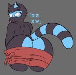  anthro blue_body blue_fur butt female fur mammal presenting presenting_hindquarters procyonid raccoon rackz rear_view remmie_(rackz) solo tongue tongue_out white_eyes wrapped wrapped_up 
