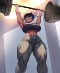  1girl abs absurdres barbell black_hair blush breasts carrying_overhead exercise gad_ddx green_eyes highres large_breasts looking_at_viewer looking_down muscular muscular_female original short_hair smile solo thick_thighs thighs tomboy 
