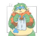  2023 anthro belly big_belly brown_body canid canine green_body hi_res inunoshippo kemono mammal overweight pento_(kamiyu) solo worried 