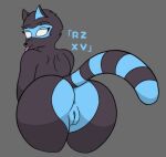  anthro blue_body blue_fur blue_pussy butt female fur genitals mammal presenting presenting_hindquarters presenting_pussy procyonid pussy raccoon rackz rear_view remmie_(rackz) solo tongue tongue_out white_eyes 