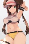  1girl alternate_costume armpits blush breasts brown_hair commentary_request double_bun gradient_background green_eyes grey_background hair_bun highres large_breasts long_hair looking_at_viewer midriff navel poke_ball poke_ball_(basic) pokemon pokemon_(game) pokemon_bw2 rosa_(pokemon) solo sports_bra spring2013 thigh_strap twintails visor_cap 