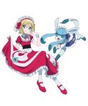  1girl alternate_costume bangs blonde_hair blue_eyes closed_mouth clothed_pokemon clothes_lift dress dress_lift eyelashes glaceon hair_between_eyes hands_up highres ia_(ilwmael9) irida_(pokemon) lifted_by_self pantyhose pokemon pokemon_(creature) pokemon_(game) pokemon_legends:_arceus red_dress red_footwear shoes short_hair short_sleeves simple_background smile split_mouth white_background white_pantyhose wrist_cuffs 