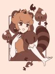  1girl bird brown_eyes brown_hair brown_theme crow elbow_gloves gloves highres long_hair mario_(series) princess_peach saiwoproject simple_background super_leaf tanuki_peach tanuki_suit teeth white_gloves 