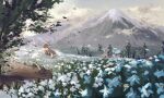  aqua_flower cloud commentary_request day eevee field flower flower_field highres mountain mugi_kinako no_humans outdoors pokemon pokemon_(creature) scenery signature sky white_flower 