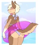  2018 5_fingers ambient_bird anthro avian bikini biped bird blonde_hair breasts butt canid canine clothed clothing cloud digital_media_(artwork) ear_piercing eyebrows female fingers gradient_hair hair hi_res inflatable inner_tube looking_at_viewer looking_back looking_back_at_viewer mammal outside piercing pink_eyes pink_hair pink_nose portrait rear_view sea sky standing swimwear three-quarter_portrait water zyira 