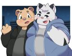  2023 anthro bear blush brown_body clothing detailed_background duo felid hi_res hoodie inigo_(kusosensei) kemono kusosensei male mammal night outside overweight overweight_male pink_nose shirt topwear 