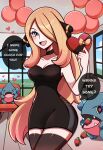  1girl bangs blonde_hair blush breasts candy chocolate cleavage cynthia_(pokemon) food gible grey_eyes hair_ornament hair_over_one_eye heart heart-shaped_chocolate highres holding long_hair looking_at_viewer open_mouth pokemon pokemon_(creature) pokemon_(game) pokemon_dppt smile touyarokii valentine 
