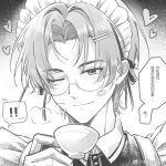  1boy bishounen blinking crossdressing cup glasses greyscale heart highres holding holding_cup long_sleeves looking_at_viewer maid maid_headdress male_focus monochrome solo tears_of_themis vyn_richter_(tears_of_themis) weibo_5580467845 