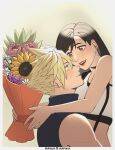  1boy 1girl artist_name bangs bare_arms bare_shoulders black_hair blonde_hair blue_eyes blush bouquet cloud_strife couple crop_top earrings english_commentary eye_contact final_fantasy final_fantasy_vii final_fantasy_vii_remake flower hetero highres holding holding_bouquet jewelry katsuartsu long_hair looking_at_another open_mouth red_eyes ribbed_sweater single_earring smile spiked_hair stud_earrings sunflower suspenders sweater swept_bangs tank_top teardrop_earring teeth tifa_lockhart turtleneck turtleneck_sweater upper_body upper_teeth_only white_tank_top 