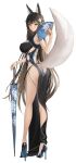  1girl absurdres animal_ears bangs black_dress black_footwear black_hair blue_eyes breasts butt_crack dress folding_fan fox_ears fox_tail from_behind full_body hand_fan high_heels highres holding holding_fan large_breasts long_hair looking_at_viewer looking_back original simple_background solo standing tail thighs tokkihouse white_background 