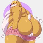  anthro balls belly big_belly big_butt blonde_hair blue_eyes butt clothing clothing_pull eli_(shabadablue) genitals hair hi_res lagomorph leporid looking_at_viewer looking_back male mammal obese overweight rabbit solo treebarkdragon underwear underwear_pull 
