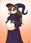  anthro bear belly big_belly big_breasts black_body black_fur breasts clothed clothing digital_media_(artwork) drxii eyewear female fur giant_panda glasses hair hat headgear headwear hi_res magic_user mammal pregnant simple_background smile solo white_body white_fur witch witch_hat 