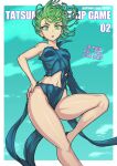  1girl bangs border breasts cloud collarbone dress english_text green_dress green_eyes green_hair green_sky groin hand_on_hip knee_up long_sleeves no_panties one-punch_man parted_lips redjet shiny_skin short_hair single_bare_shoulder small_breasts solo tatsumaki teeth torn_clothes torn_dress white_border 